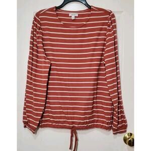 Nine West Women’s Long Sleeve Striped Top – Size XL – Rust & White – Tie Hem